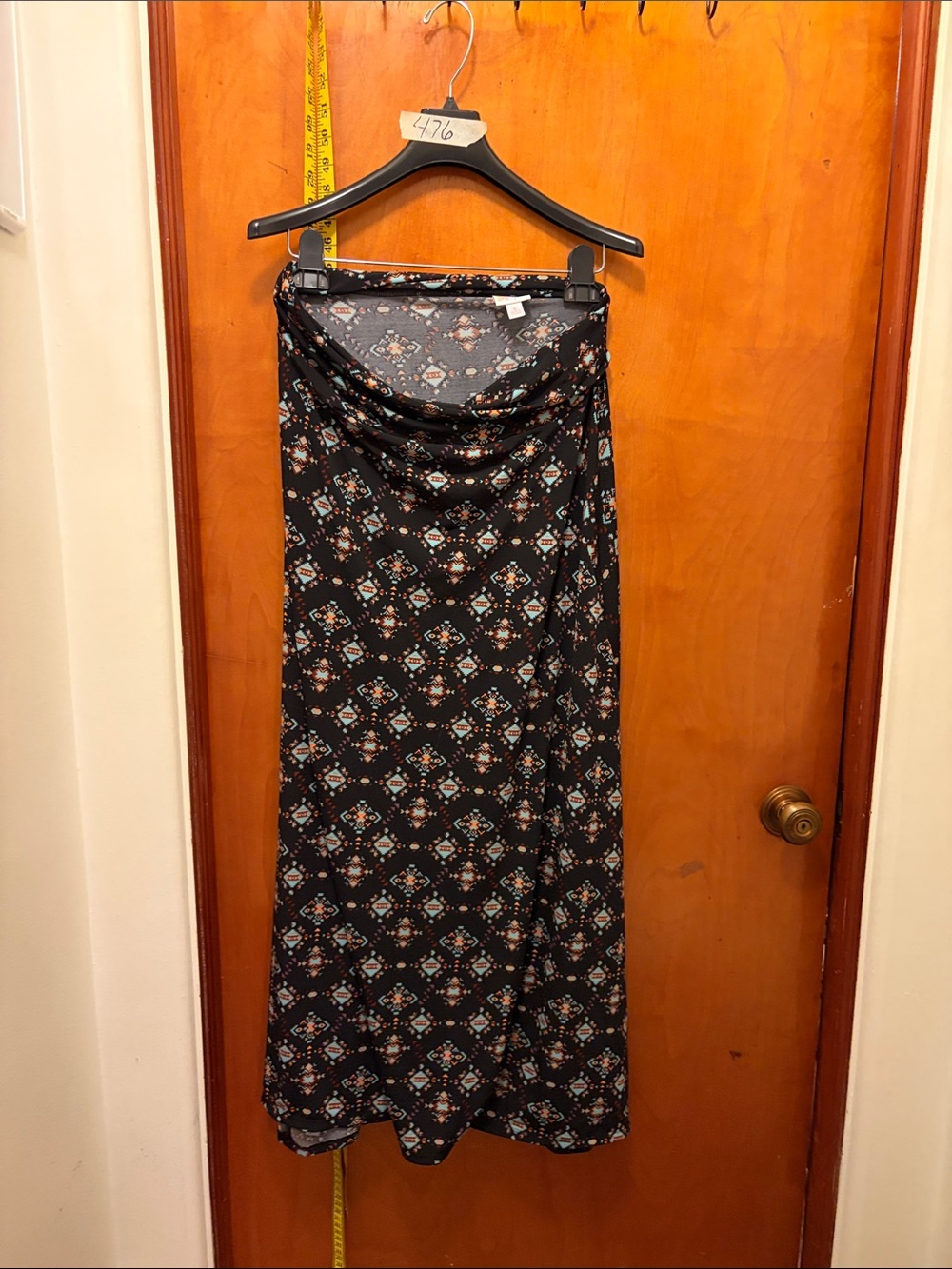 LuLaRoe Black Maxi Skirt with Teal and Coral Geometric Motif